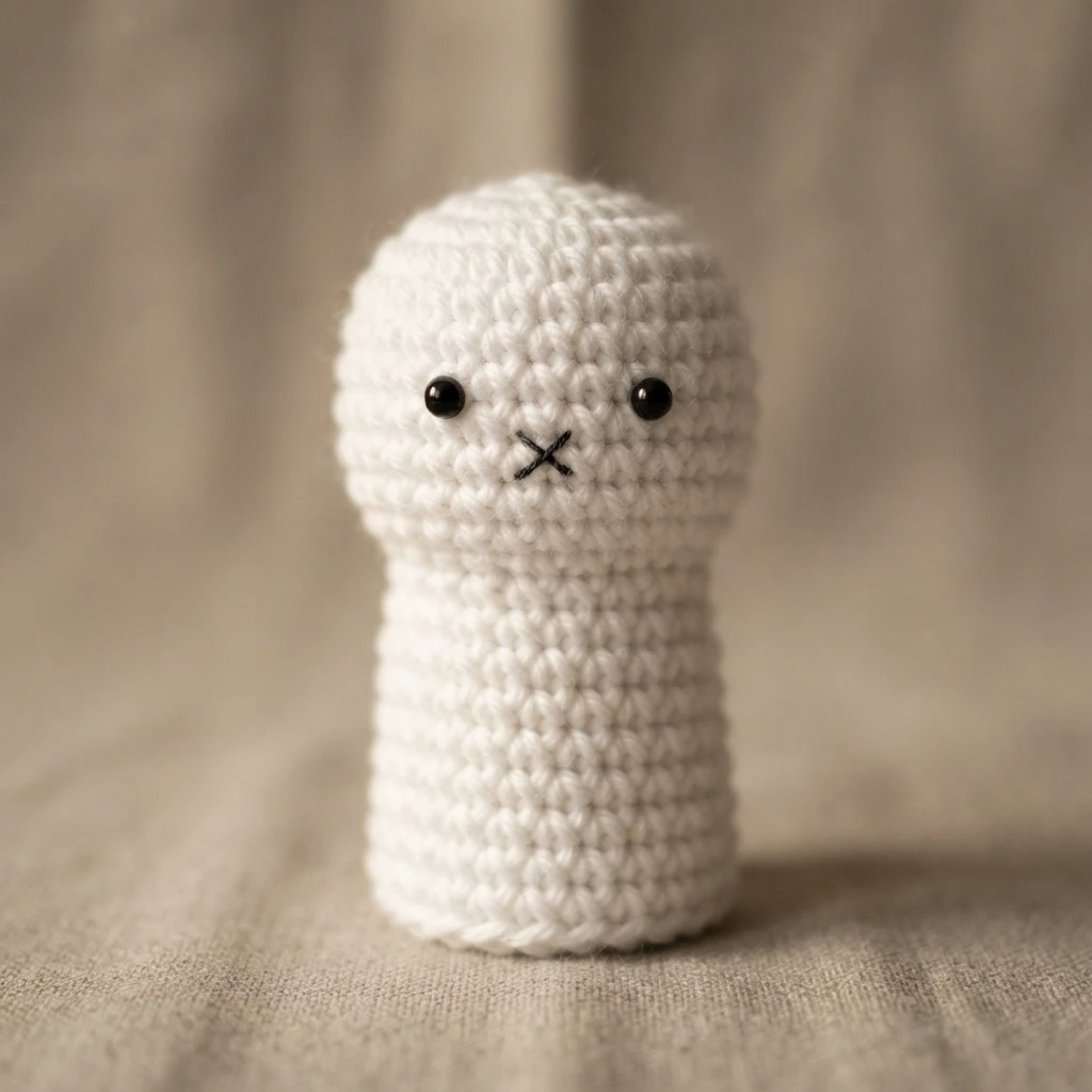 Small white crocheted ghost figure with two black bead eyes and a stitched X mouth, standing on a beige textured fabric surface.