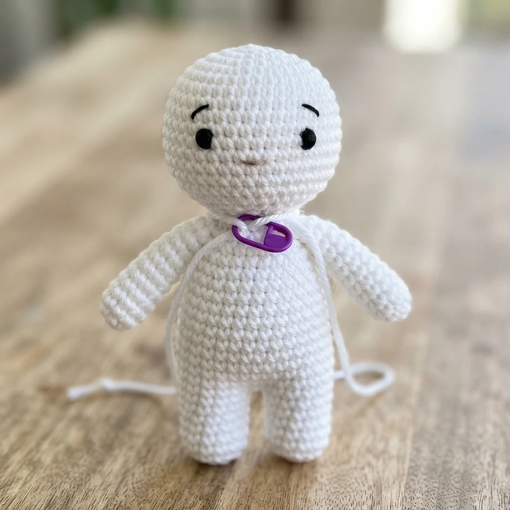 White crocheted amigurumi figure with a round head, black oval eyes, eyebrows and a small mouth, two short arms and two legs, a purple stitch marker at the neck and loose white yarn tails, standing on a blurred wooden surface.