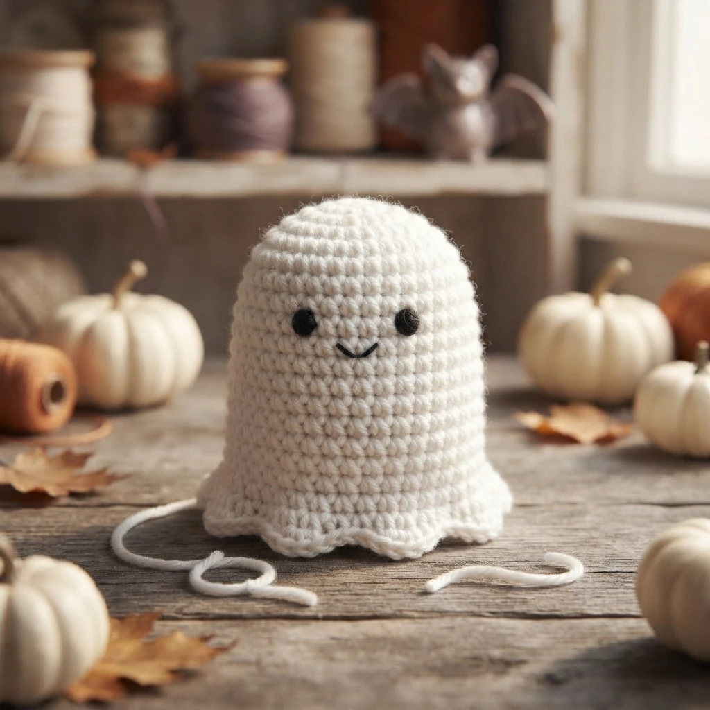 White crocheted ghost with black bead eyes and a small stitched smile, standing upright on a rustic wooden surface surrounded by white pumpkins, dried leaves, spools of yarn and a loose strand of white yarn.