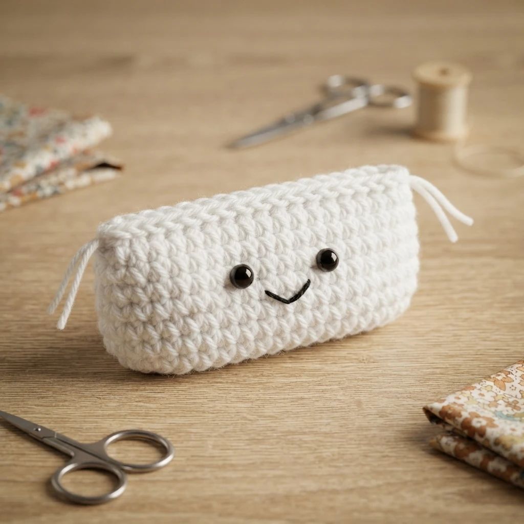 White crocheted rectangular pouch with two black bead eyes and a stitched smiling mouth, yarn tails on both sides, resting on a wooden table with scissors, a small spool and folded floral fabric in the background.