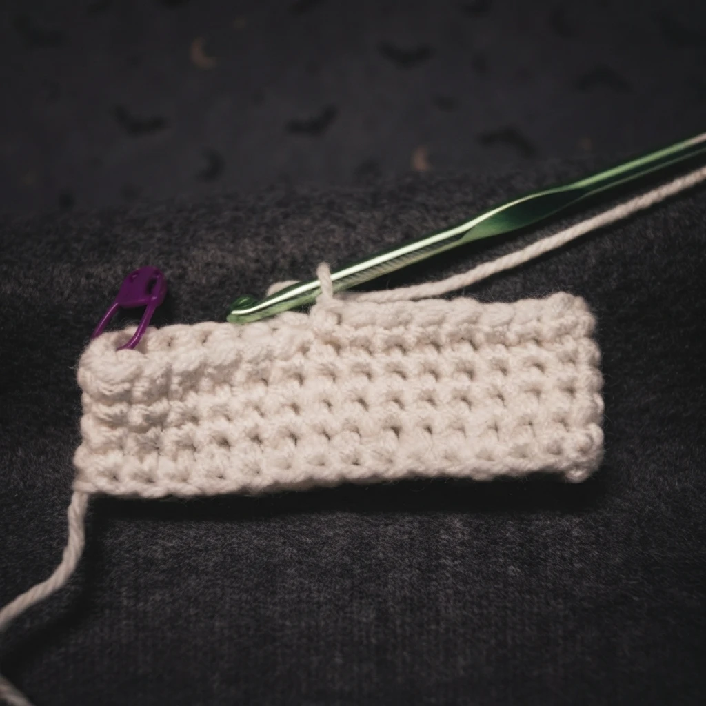 Small white crochet piece in progress on a dark felt surface, with a green metal crochet hook resting on the top edge and a purple stitch marker holding a loop on the left; a short yarn tail hangs down on the left and faint bat shapes are s