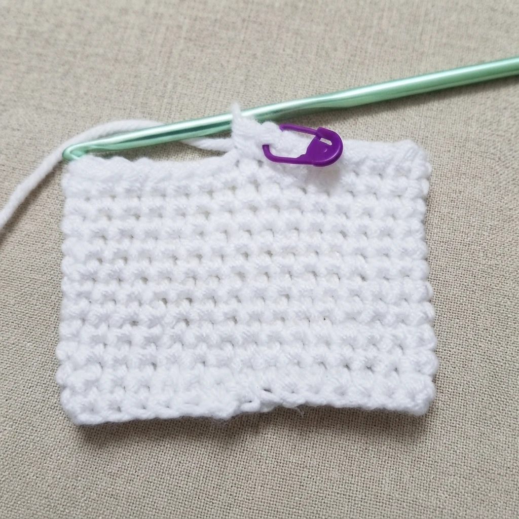 A white crocheted rectangle in progress on a green crochet hook, with a purple stitch marker holding the working loop, resting on a beige textured fabric.