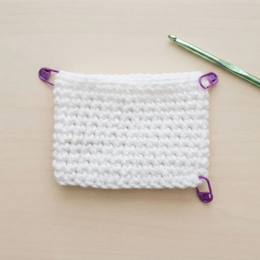 Flat white crocheted rectangular panel in progress on a light wood surface, with purple stitch markers clipped at three corners and a green crochet hook resting above it.