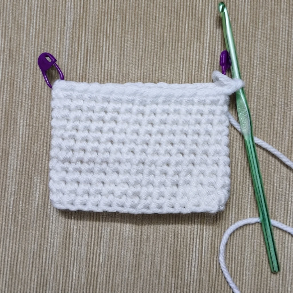 A white crocheted rectangle in progress on a beige ribbed surface, with a green crochet hook along the right edge, purple stitch markers at the top corners and a loose white yarn tail.