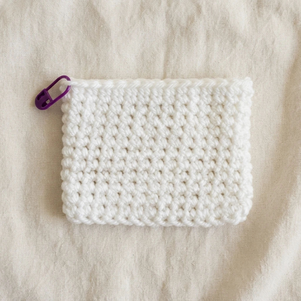 Flat white crocheted square in progress with a purple stitch marker at the top left corner, resting on a light cream fabric background.