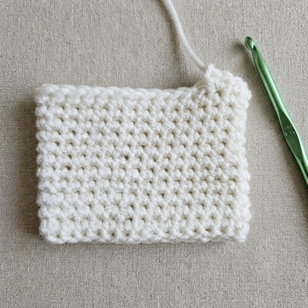 White crocheted rectangle in progress on a light gray textured fabric, with a green crochet hook beside it and a loose white yarn tail.