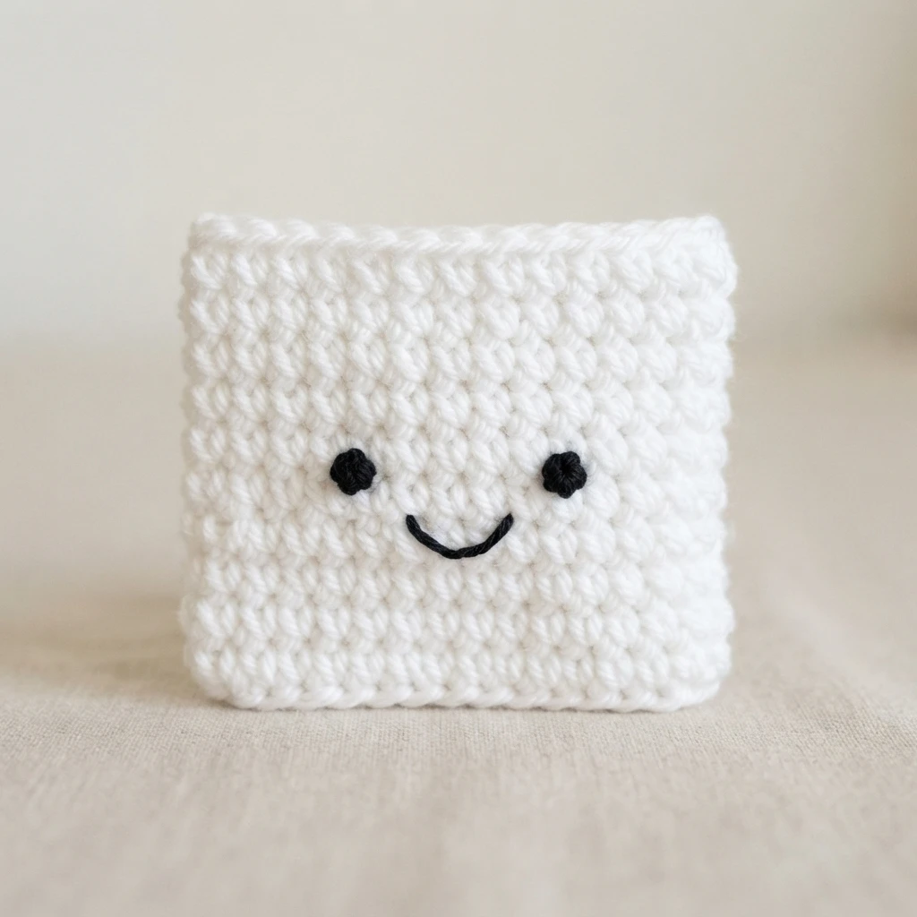Small white crocheted square with embroidered black eyes and a curved smile, resting on a beige fabric surface.