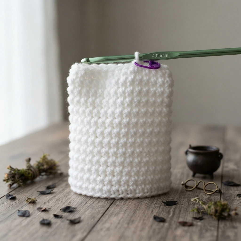 White crocheted ghost hand puppet body in progress, worked in continuous rounds, with a green crochet hook and purple stitch marker at the top edge, resting on a wooden table beside a small cauldron, round glasses, dried leaves and moss.
