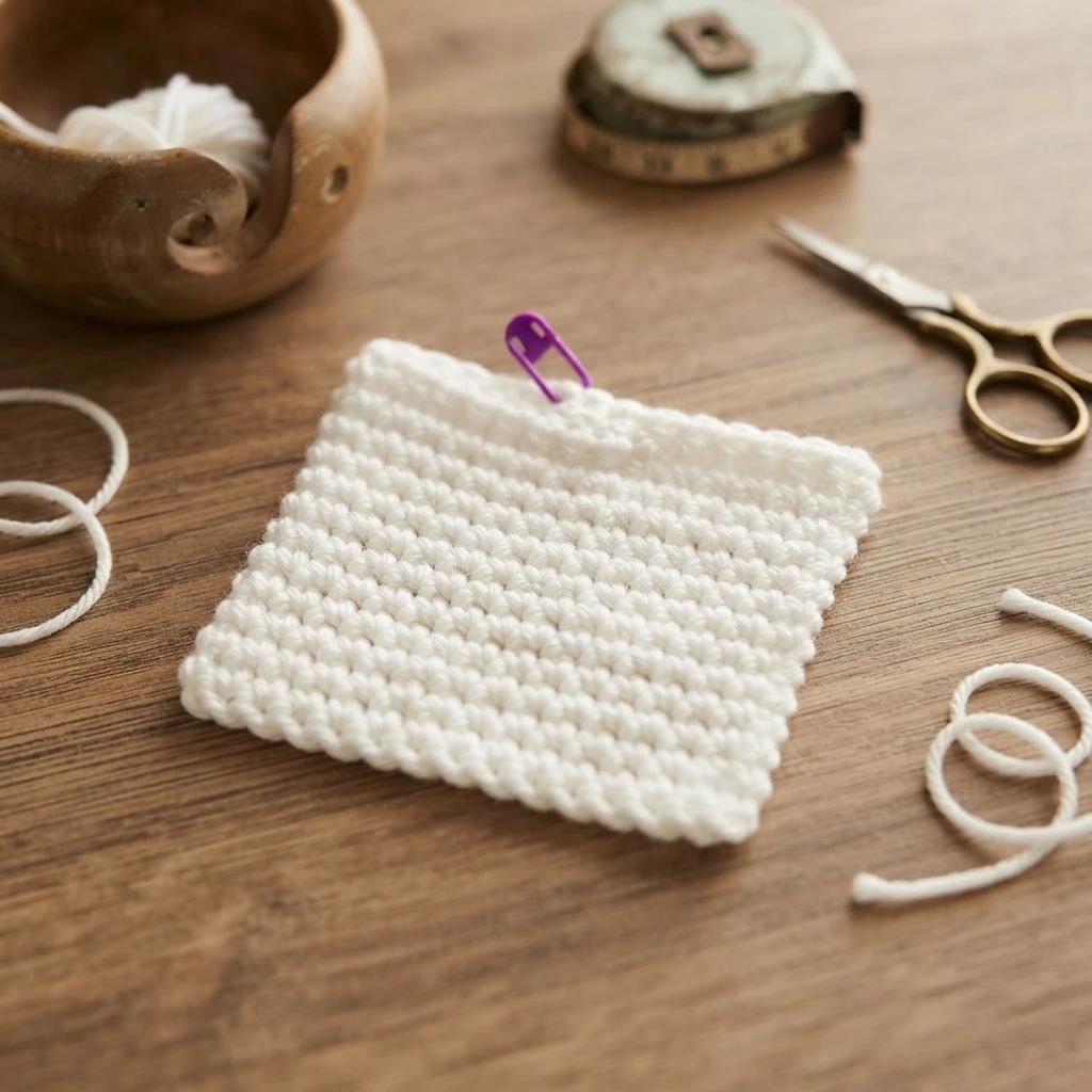 A white crocheted square swatch in progress on a wooden table, with a purple stitch marker clipped to the top edge, loose strands of white yarn, a wooden bowl, a small tape measure and scissors nearby.