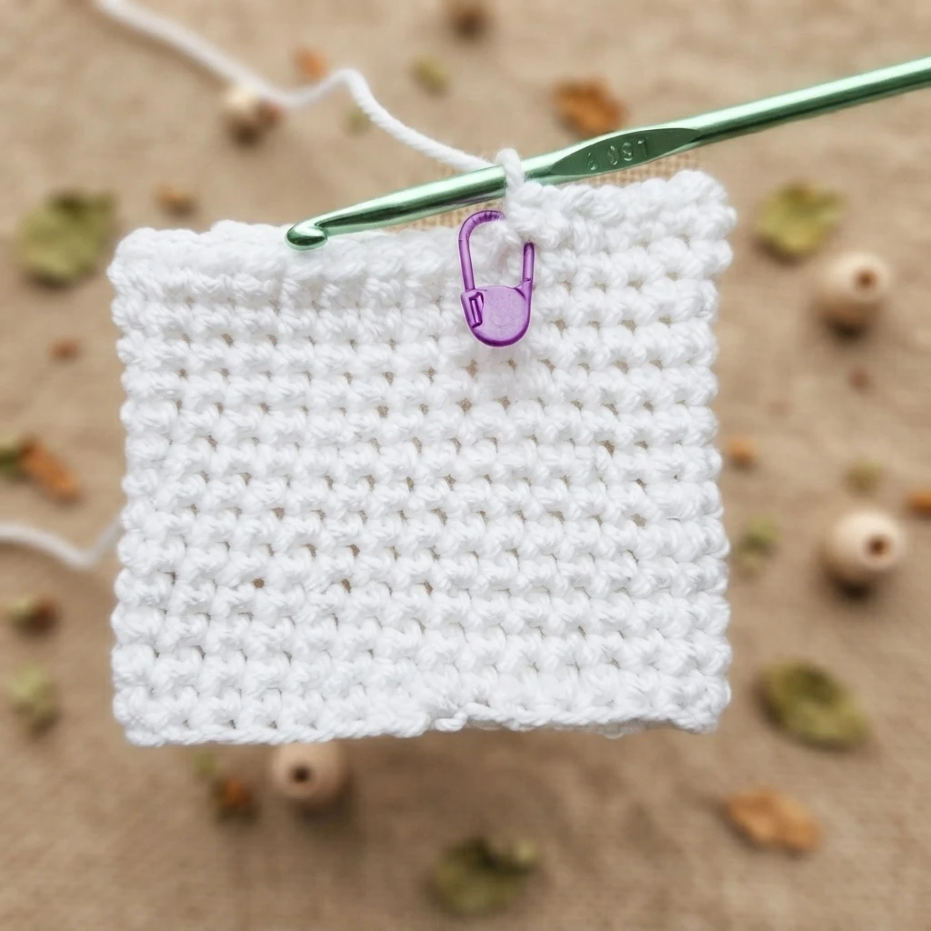 White crocheted square in progress on a green metal crochet hook, with a purple stitch marker holding the working loop, resting on beige linen fabric surrounded by blurred small wooden beads and dried leaves.