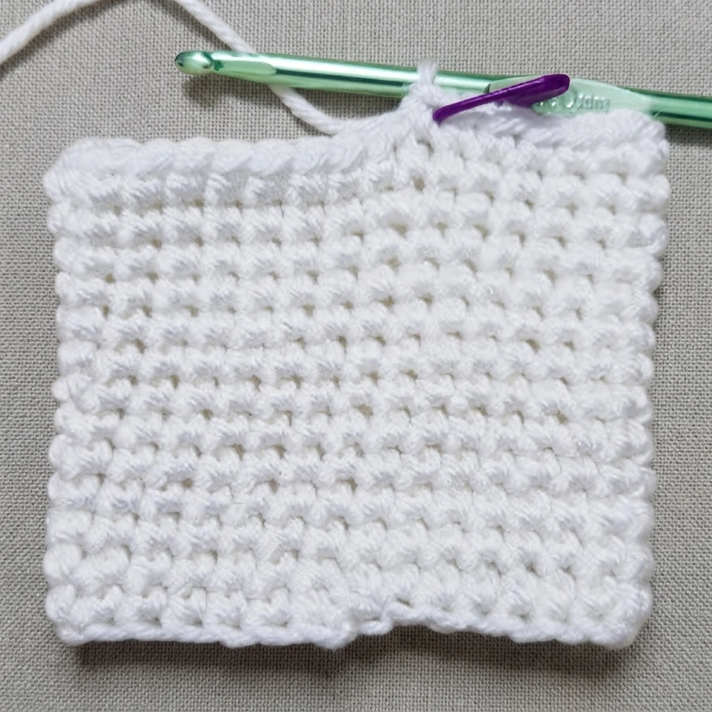 White crocheted square panel in progress on a light gray woven fabric, with a green crochet hook and a purple stitch marker along the top edge and a loose white yarn tail curving to the upper left.