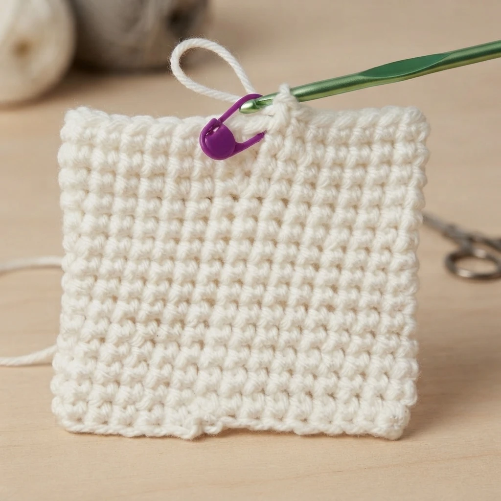 Crocheted white square swatch in progress on a light wood surface, with a purple stitch marker holding the working loop and a green crochet hook, a loose yarn tail at the top, and a blurred ball of yarn and scissors in the background.