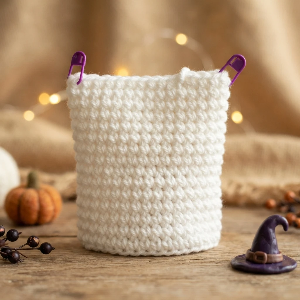 White crocheted tube in progress with two purple stitch markers at the top edge, photographed on a wooden surface with a small orange pumpkin, dark berries and a miniature witch hat, in front of a warm blurred background.