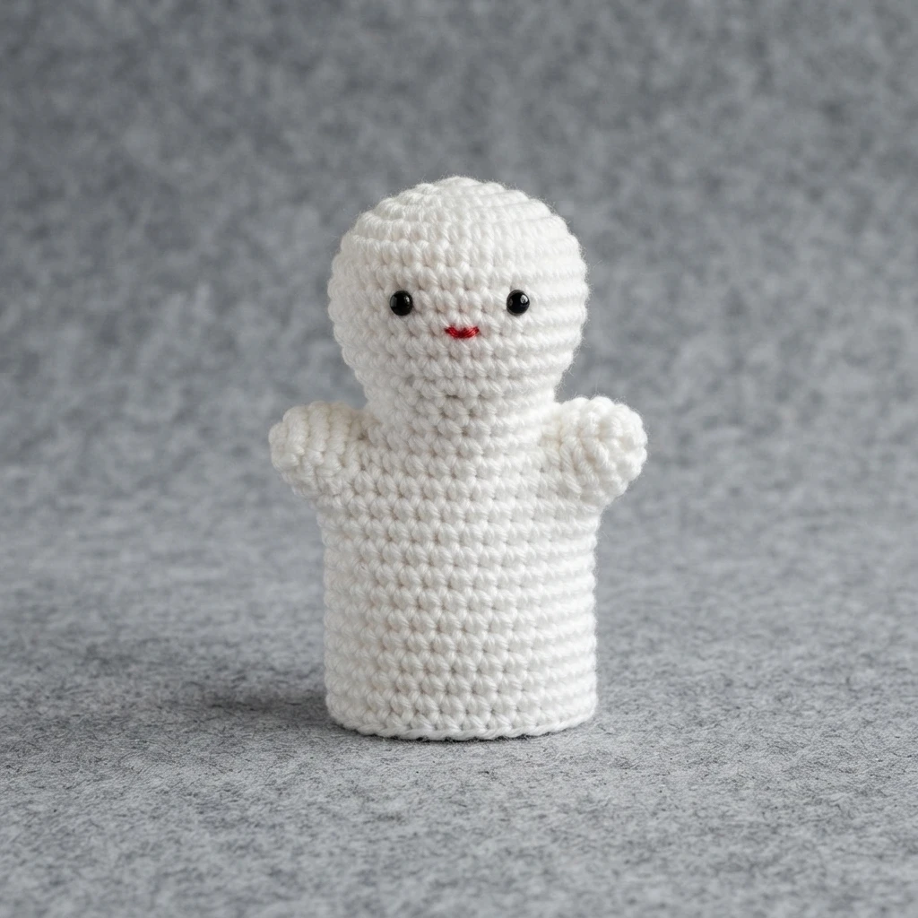 White crochet ghost hand puppet with black bead eyes and a small red mouth, standing upright with two short arms on a gray textured surface.