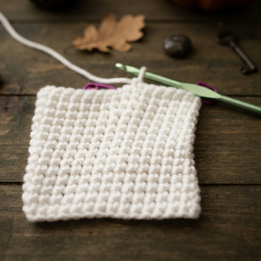 White crocheted swatch in progress on a dark wooden table, with a green crochet hook, purple stitch markers and a strand of white yarn, plus a dried leaf, a chestnut and an old key in the background.