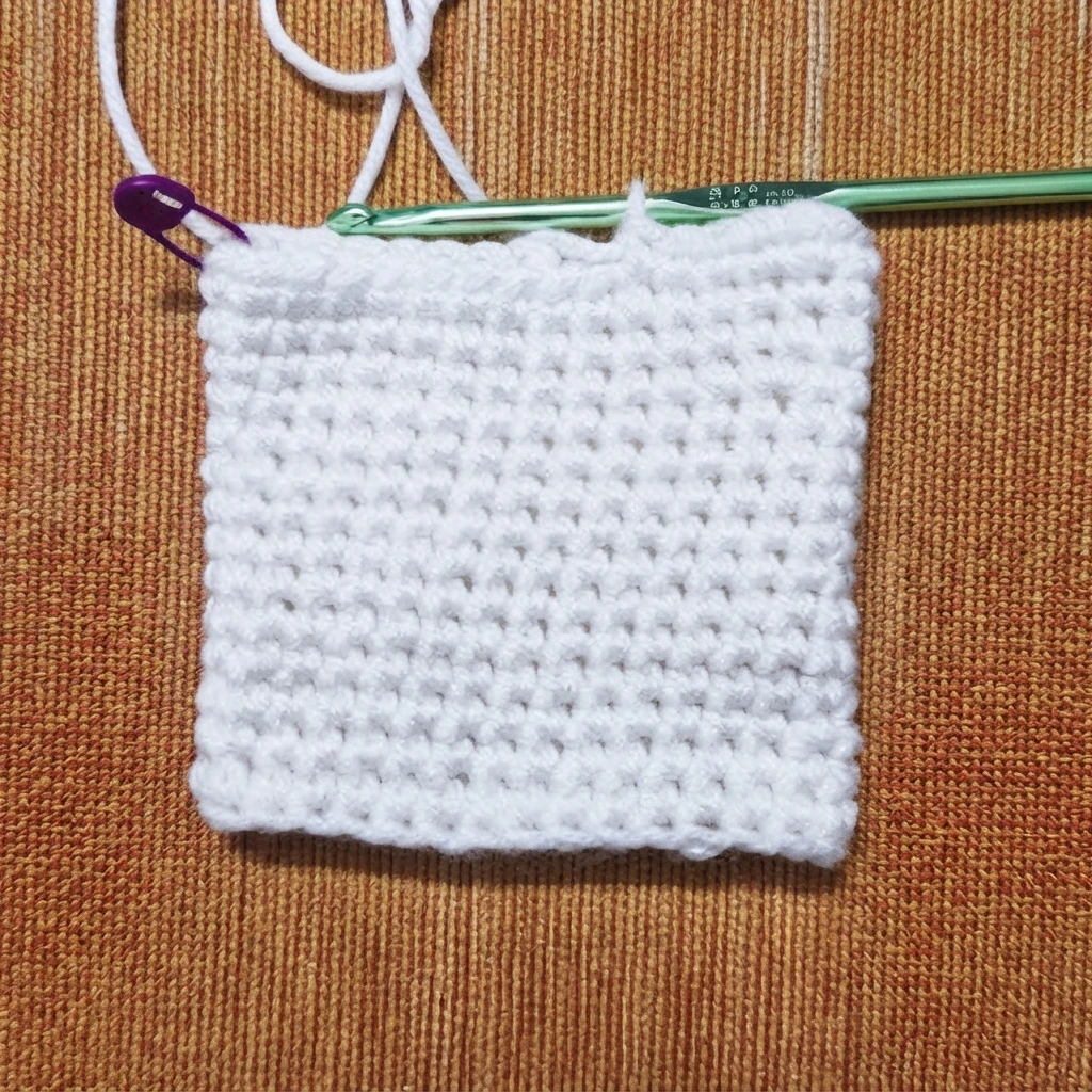 White crochet piece in progress worked in continuous rounds, with a purple stitch marker and a green crochet hook resting along the top edge, photographed on an orange-brown textured surface.