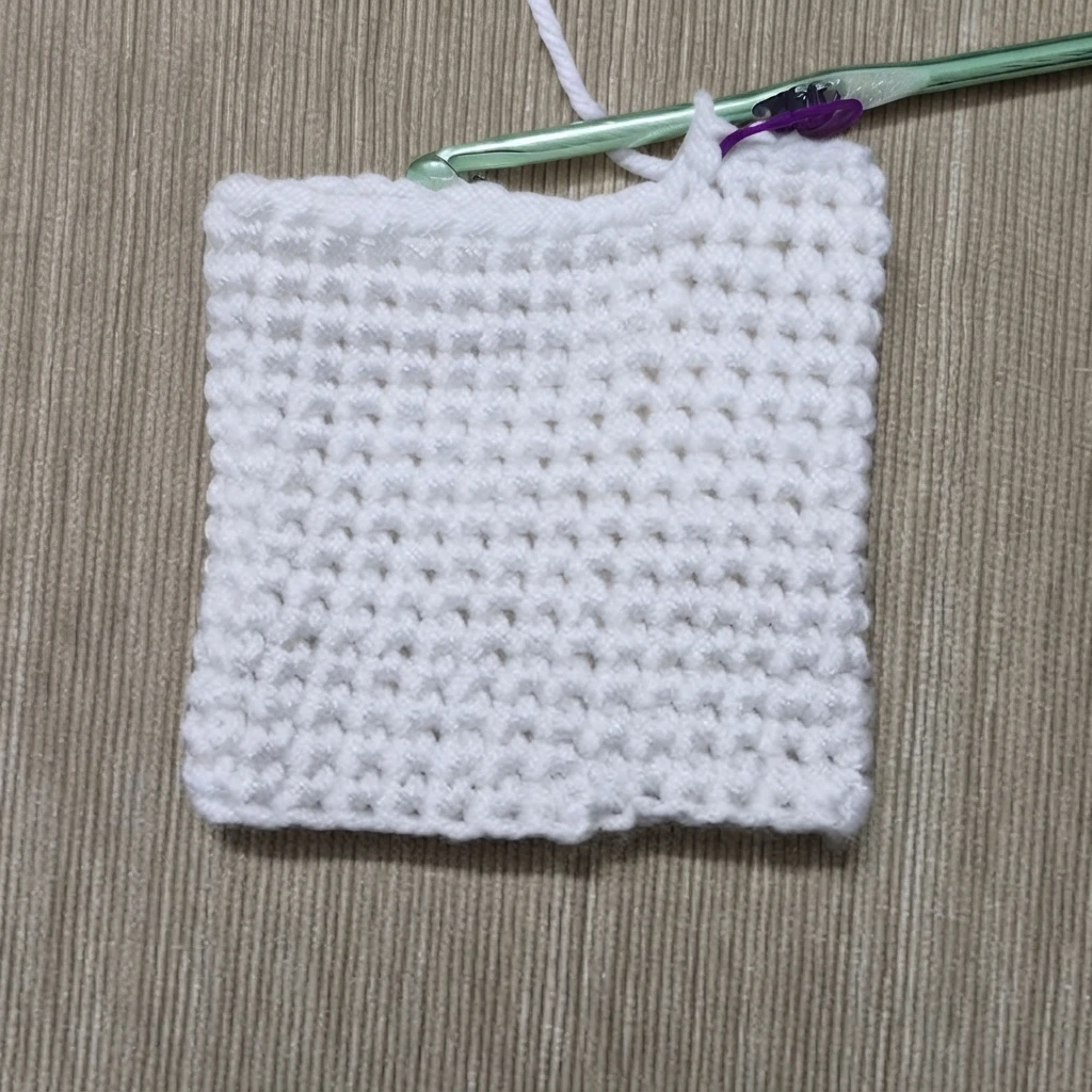 Un petit carré en coton blanc au crochet, posé à plat sur un tissu beige finement rayé, avec un crochet vert et un marqueur de mailles violet placés sur le bord supérieur et un fil de travail blanc qui remonte.