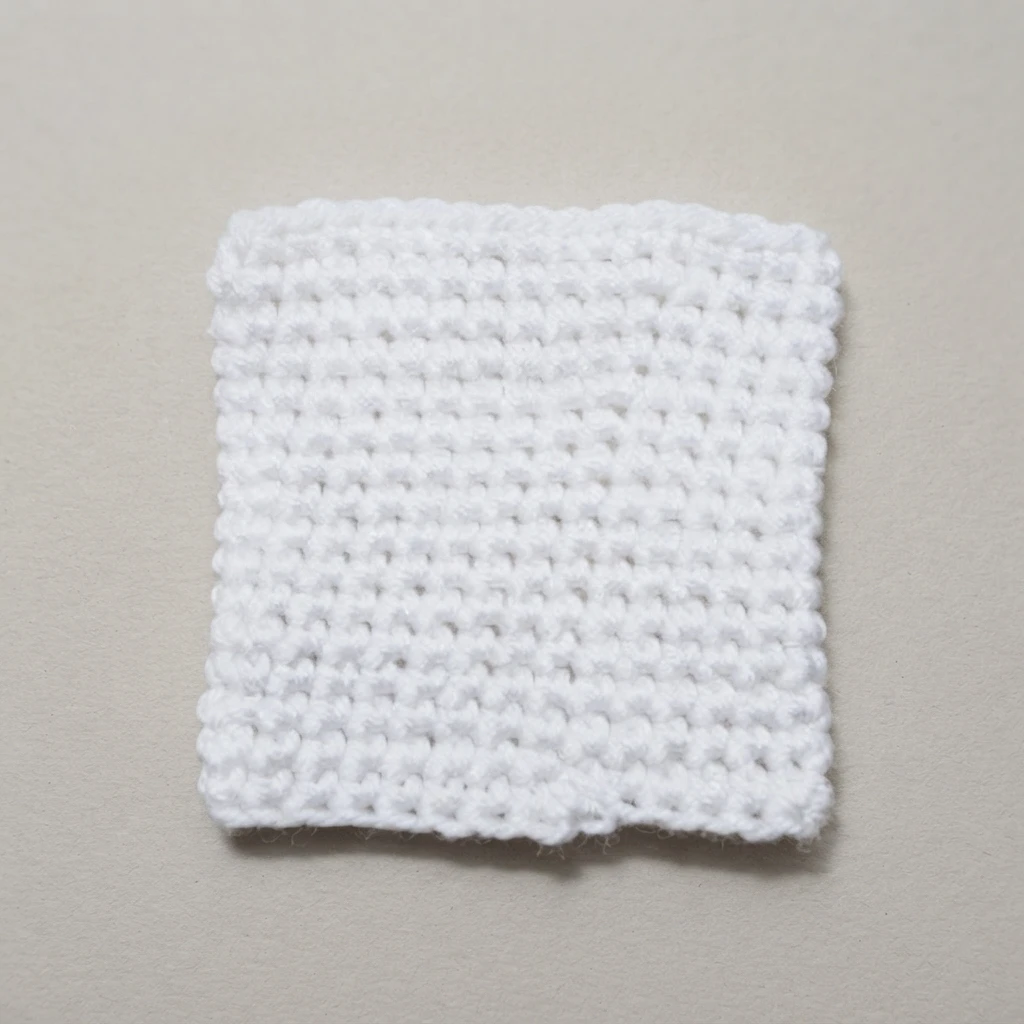 White single crochet square swatch worked in white yarn, shown flat on a plain light beige background
