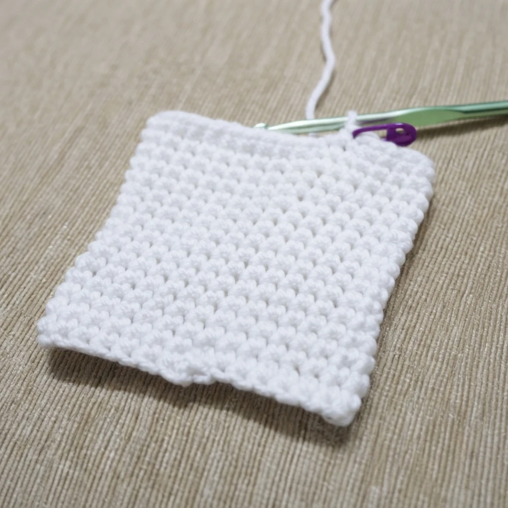 White single crochet rectangle in progress on a beige textured surface, with a green crochet hook and a purple stitch marker at the top edge and a loose white yarn tail rising above it.