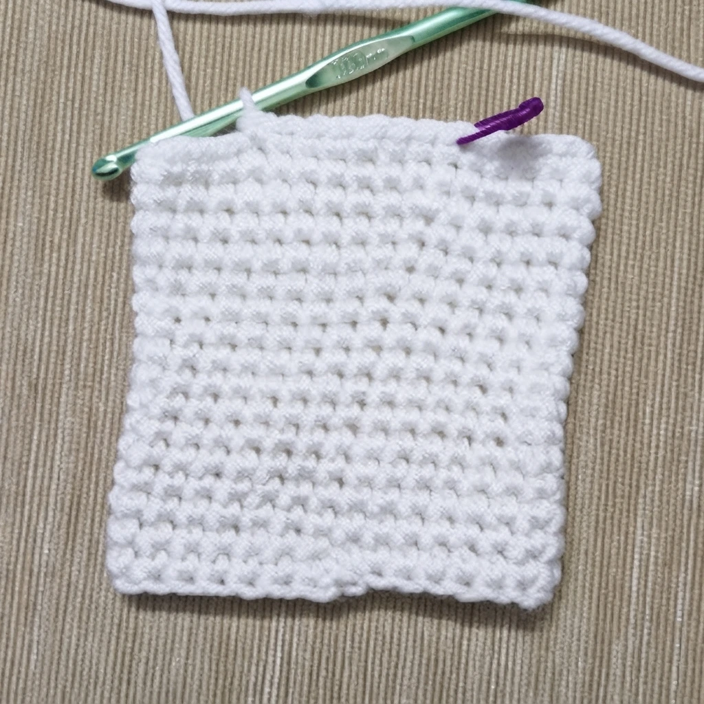 White crocheted piece in progress lying flat on a tan textured surface, with a green crochet hook resting along the top edge, a purple stitch marker at the upper right, and loose white yarn ends.