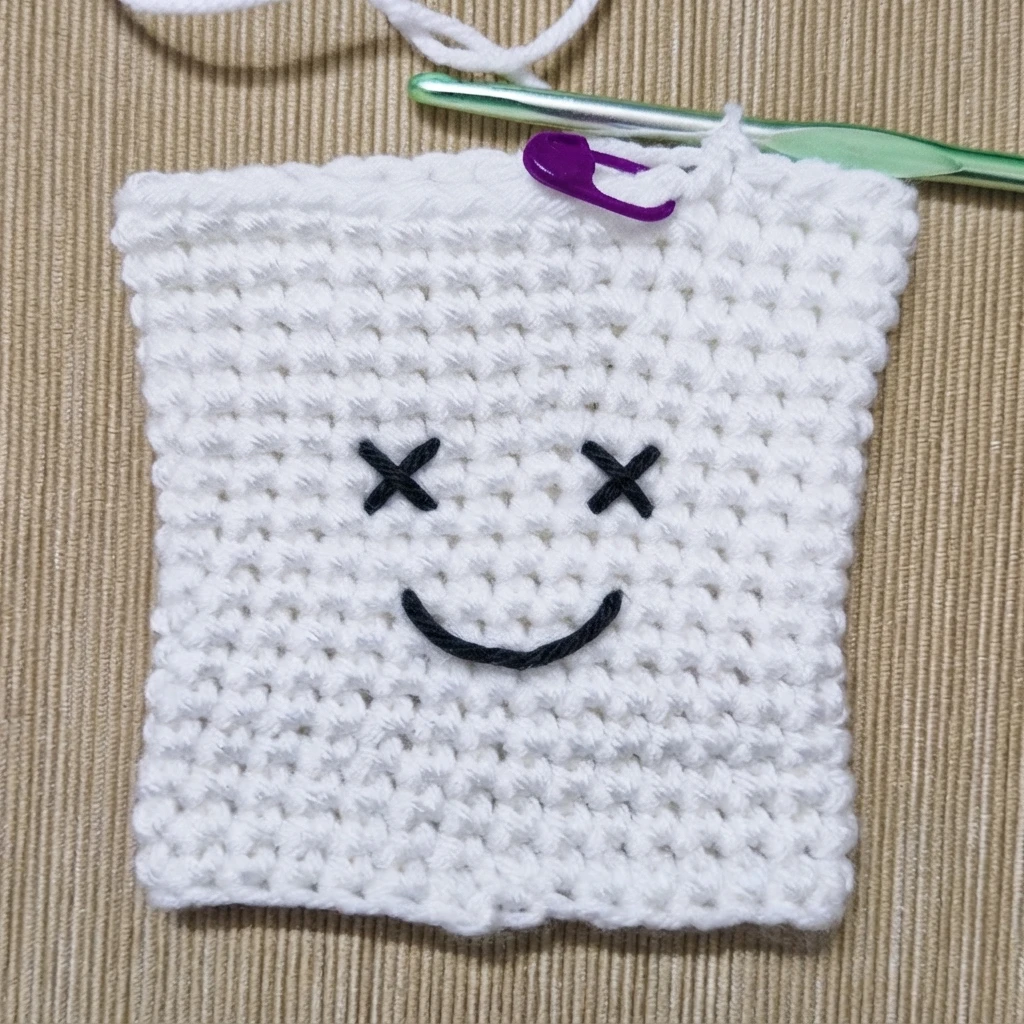 White crocheted square in progress on a tan textured surface, with a green crochet hook, a purple stitch marker, loose white yarn and black embroidered X eyes and a smile.