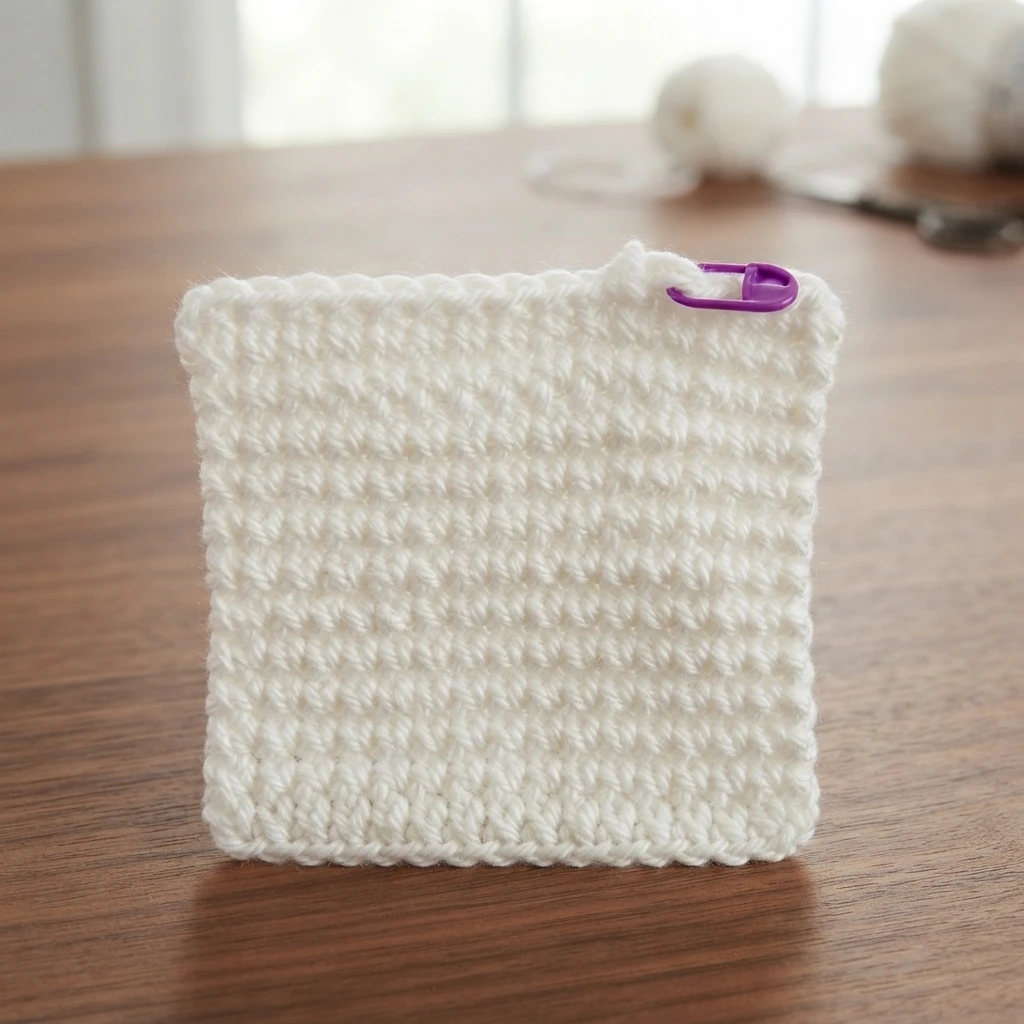 White crochet work in progress, a small square of single crochet fabric with a purple stitch marker at the top right edge, resting on a wooden table with blurred balls of white yarn in the background.