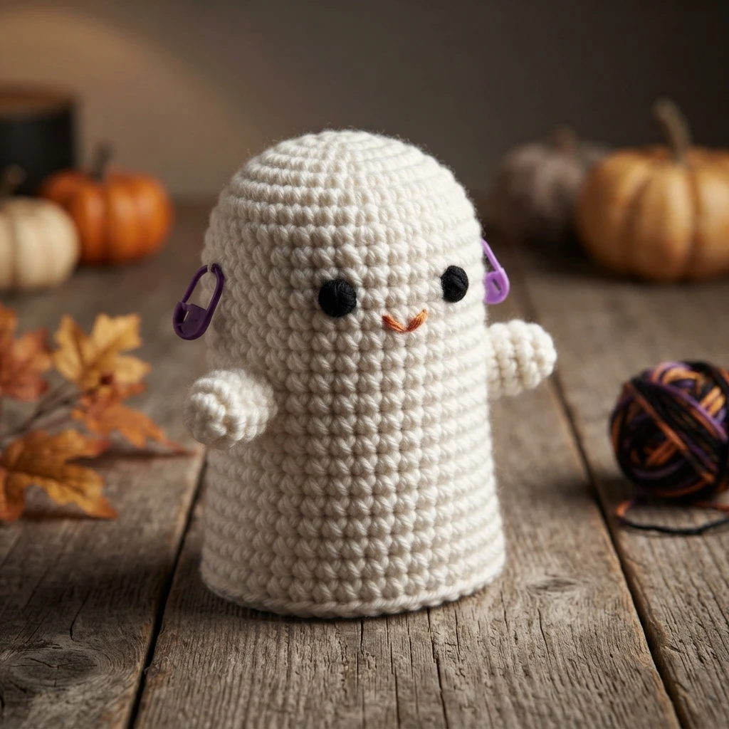 White crocheted ghost figure standing upright on a wooden surface, with two small black eyes, an orange stitched smile and purple stitch markers at the sides, surrounded by small pumpkins, autumn leaves and a ball of multicoloured yarn.