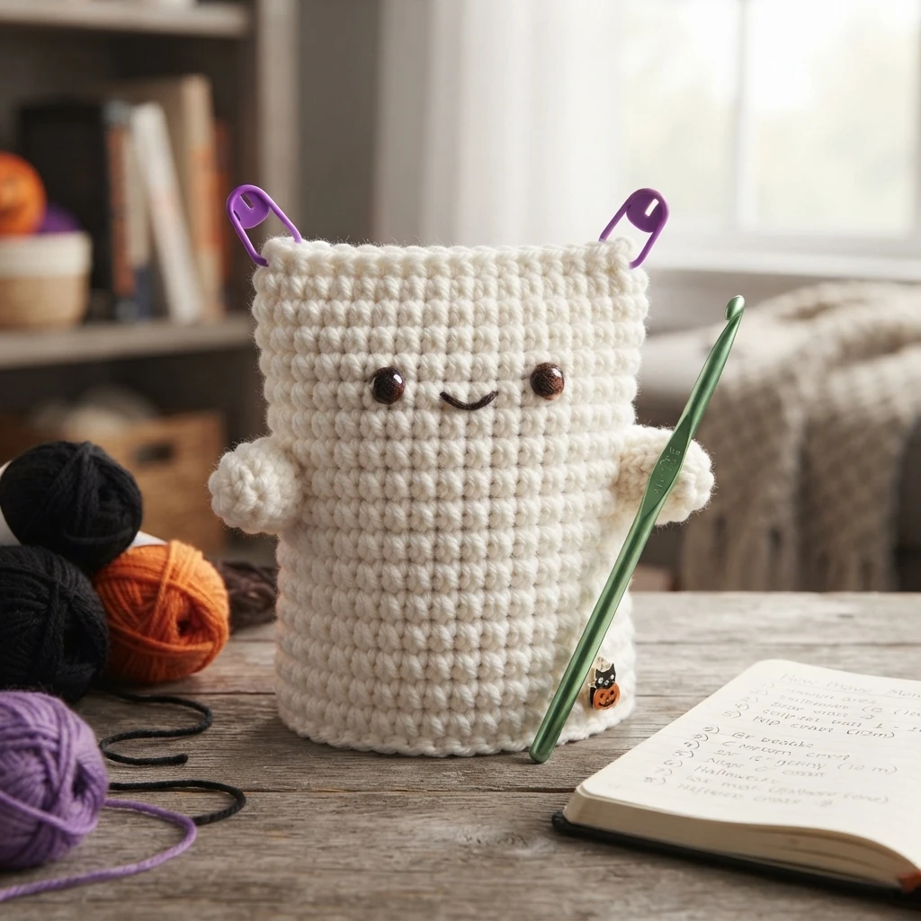Cream crocheted ghost hand puppet with brown bead eyes and a small stitched smile, two short stubby arms, purple stitch markers at the top edge and a green crochet hook leaning against it, with yarn balls and an open notebook on a wooden ta