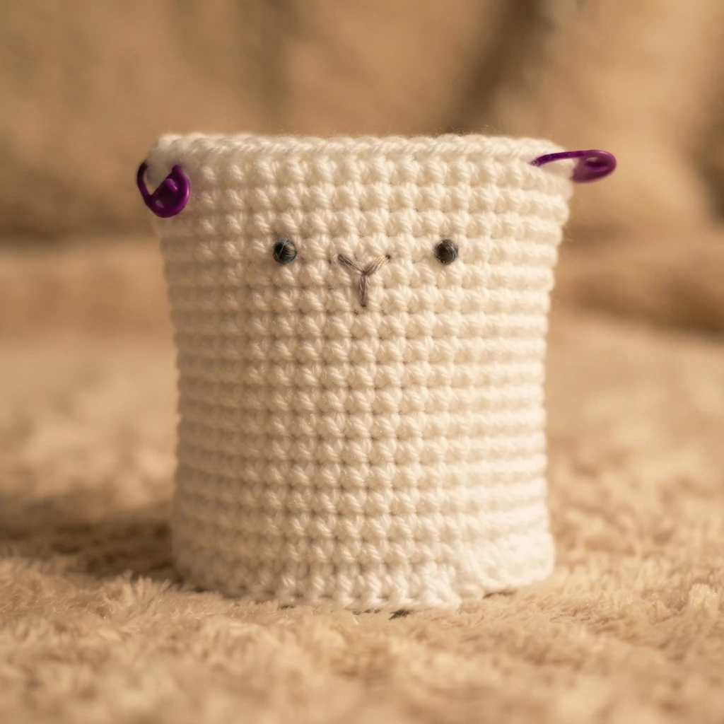 Small cream crochet tube in progress with two dark eyes and a Y-shaped stitched mouth, purple stitch markers on the top edge, resting on a fuzzy beige surface.