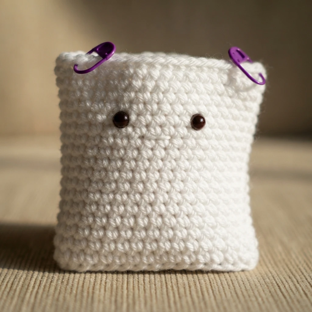 White crocheted piece in progress, roughly rectangular with a rounded top, two dark plastic safety eyes and two purple stitch markers attached at the upper edge, resting on a wooden surface in warm light.