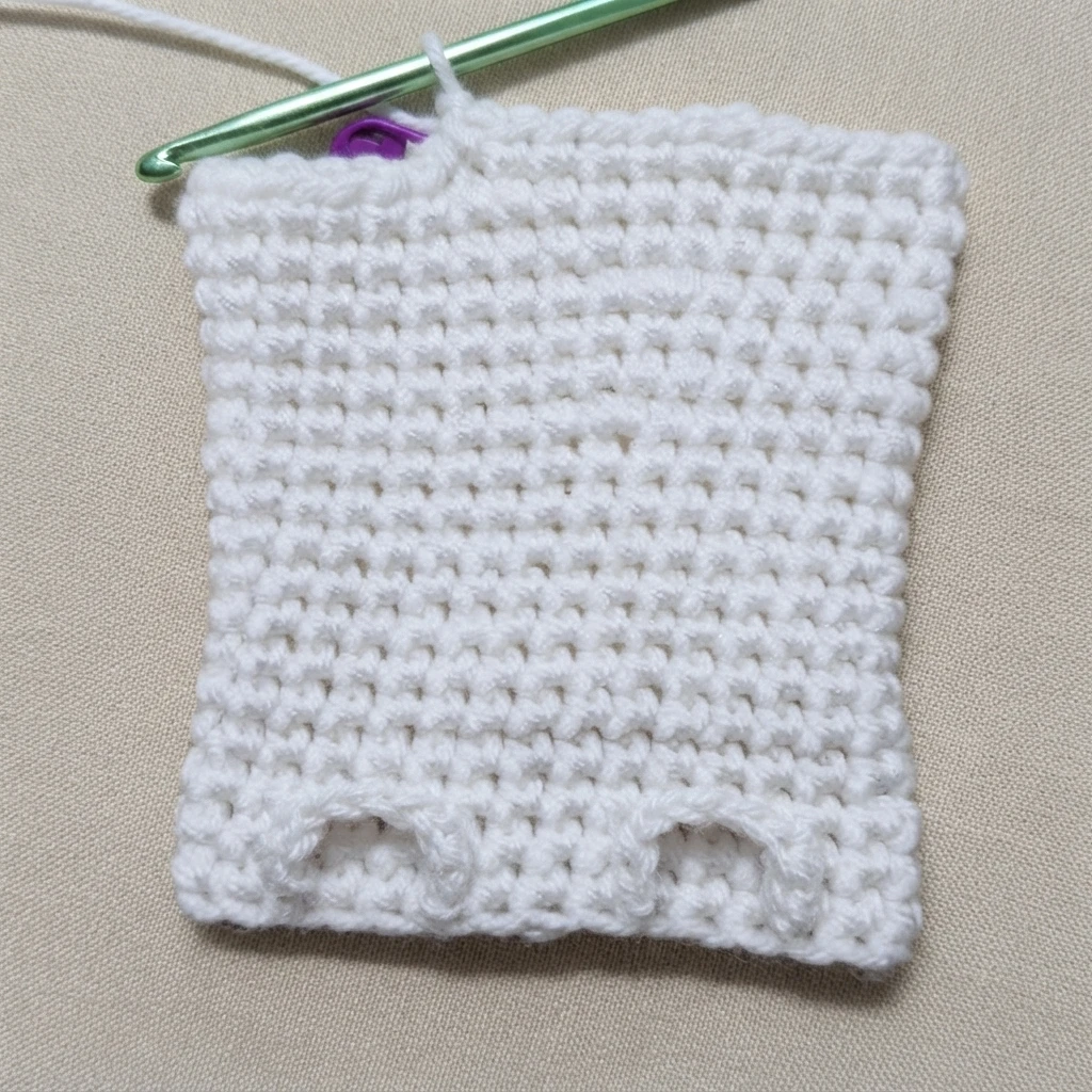 White crochet work in progress in continuous single crochet rounds on a green hook with a purple stitch marker, showing the flat body of a ghost hand puppet with two small openings along the lower edge, on a beige fabric background.