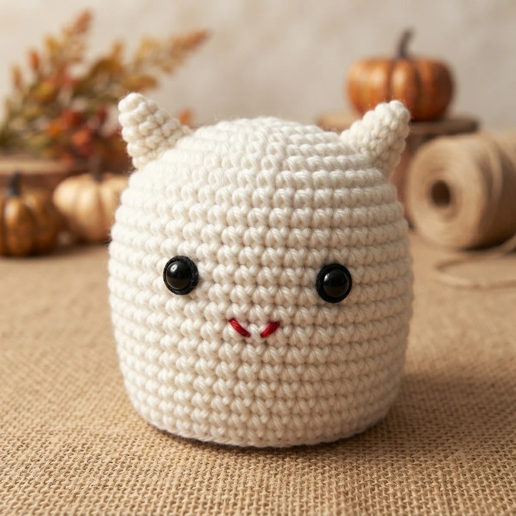 White crocheted amigurumi head with two small pointed ears, black bead eyes and a red embroidered smile, resting on burlap fabric with blurred pumpkins, dried leaves and a spool of twine in the background