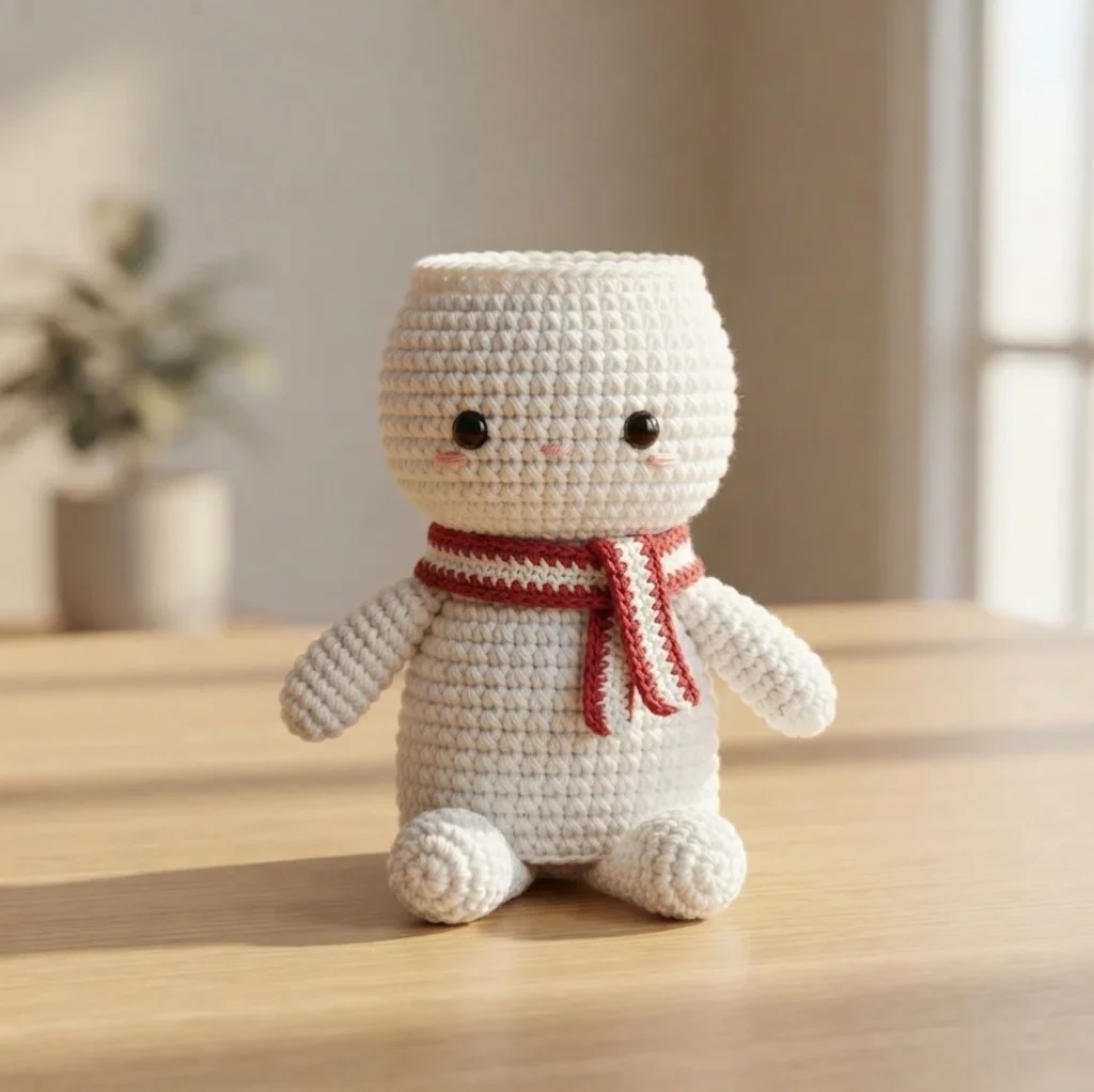 White crocheted amigurumi figure with a round head, two black bead eyes, pink cheeks, a red scarf tied at the neck, small arms and two round feet, standing on a wooden table with a blurred plant behind it.