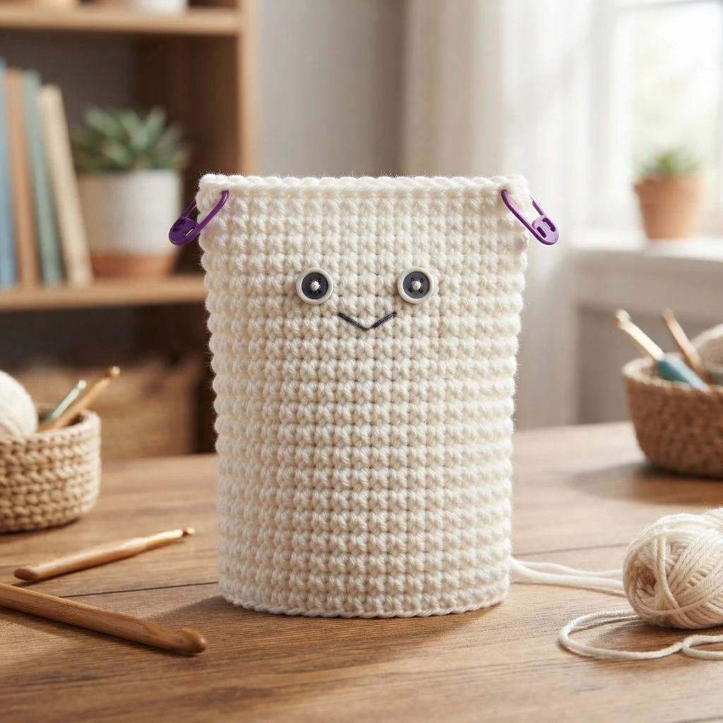 Crocheted cream-colored tube in progress standing on a wooden table, with two purple stitch markers on the open top edge, googly eyes and a stitched smile, surrounded by wooden crochet hooks, a ball of yarn, small baskets and a potted plant