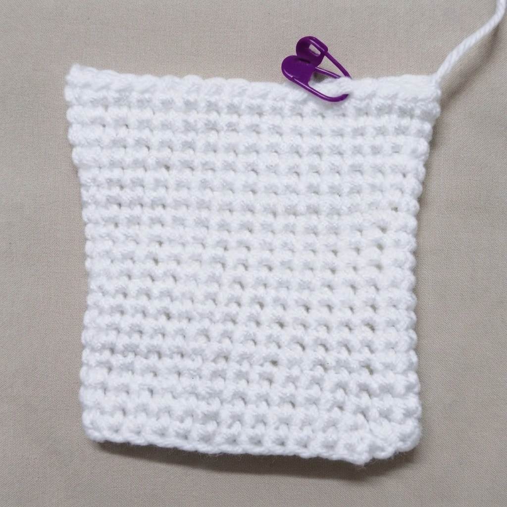Photo de processus montrant un carré de crochet blanc travaillé en mailles serrées, avec un marqueur de maille violet pincé sur le bord supérieur droit et une queue de fil qui dépasse, posé sur une surface beige clair.