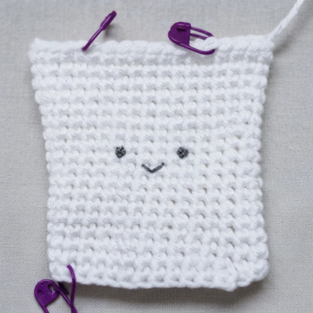 White crocheted flat piece in progress on a light gray background, with purple stitch markers at the top edge and lower left and a small embroidered face on the front.