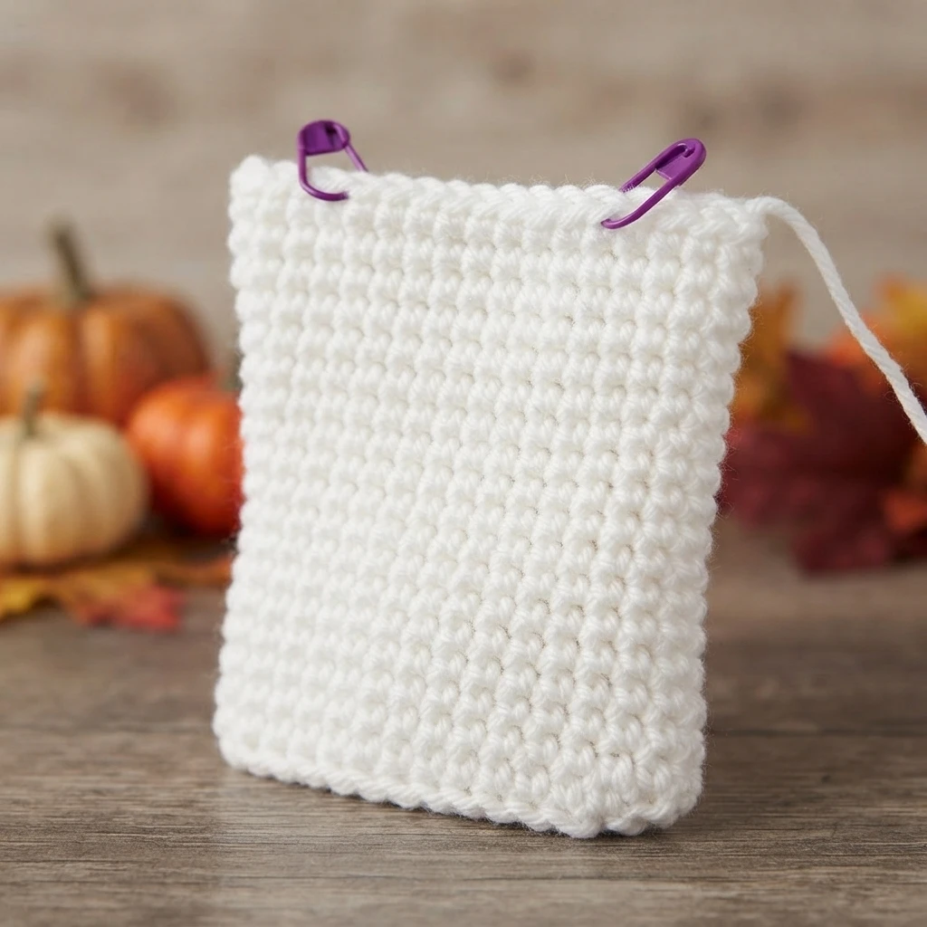 White crocheted rectangle in progress with two purple stitch markers along the top edge and a yarn tail at the upper right, resting on a wooden surface with blurred pumpkins and autumn leaves behind it.