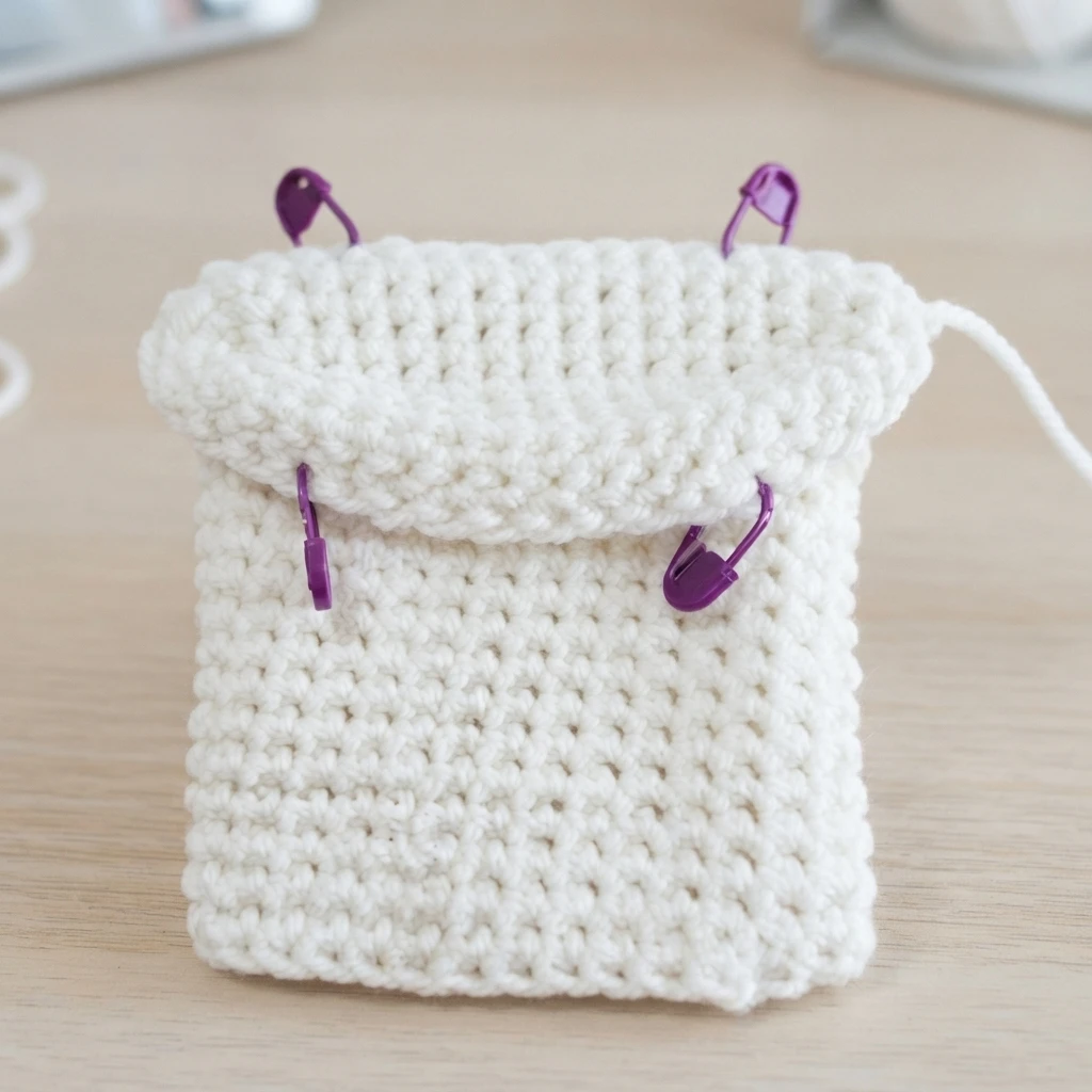 White crocheted ghost hand puppet in progress, folded cuff and four purple stitch markers, working yarn extending to the right, resting on a light wood surface