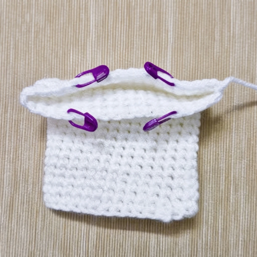 White crocheted ghost puppet body worked in progress and laid flat on a light beige textured surface, with four purple stitch markers holding the thumb and pinky gaps and a yarn tail extending to the right.