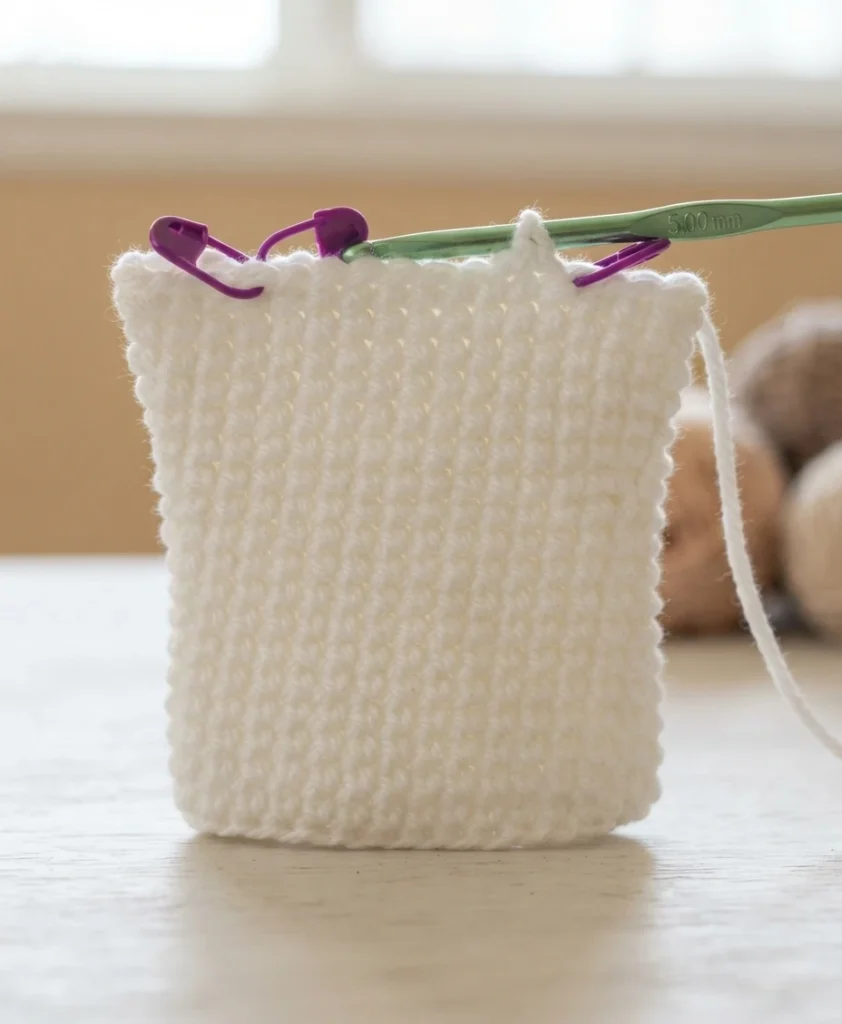 White crocheted work in progress in a tube shape, held at the top edge by a green 5.00 mm crochet hook and two purple stitch markers, with a loose yarn tail at the right, resting on a light wooden table with blurred yarn balls behind.