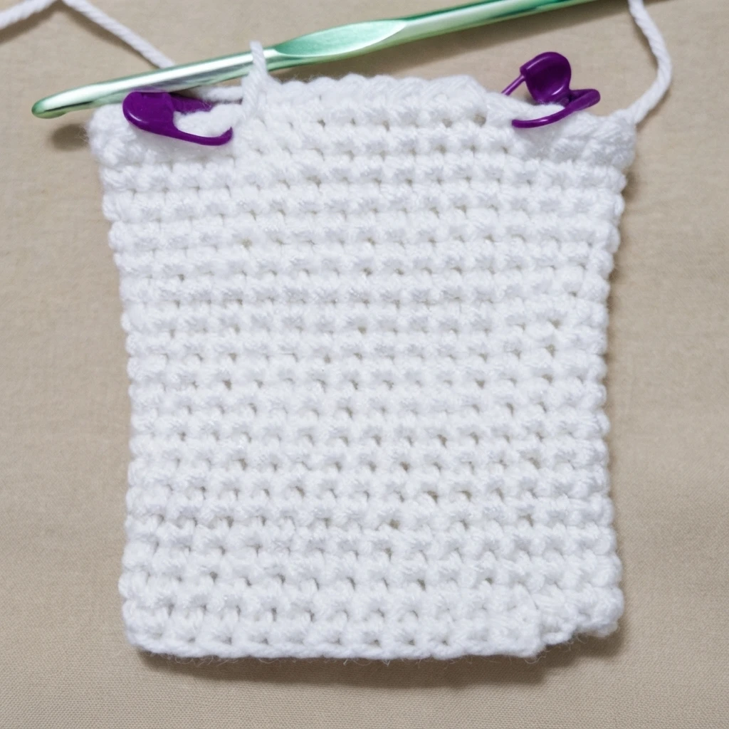 White crocheted square work in progress on a light beige background, with a green crochet hook resting along the top edge and two purple stitch markers clipped to the corners.
