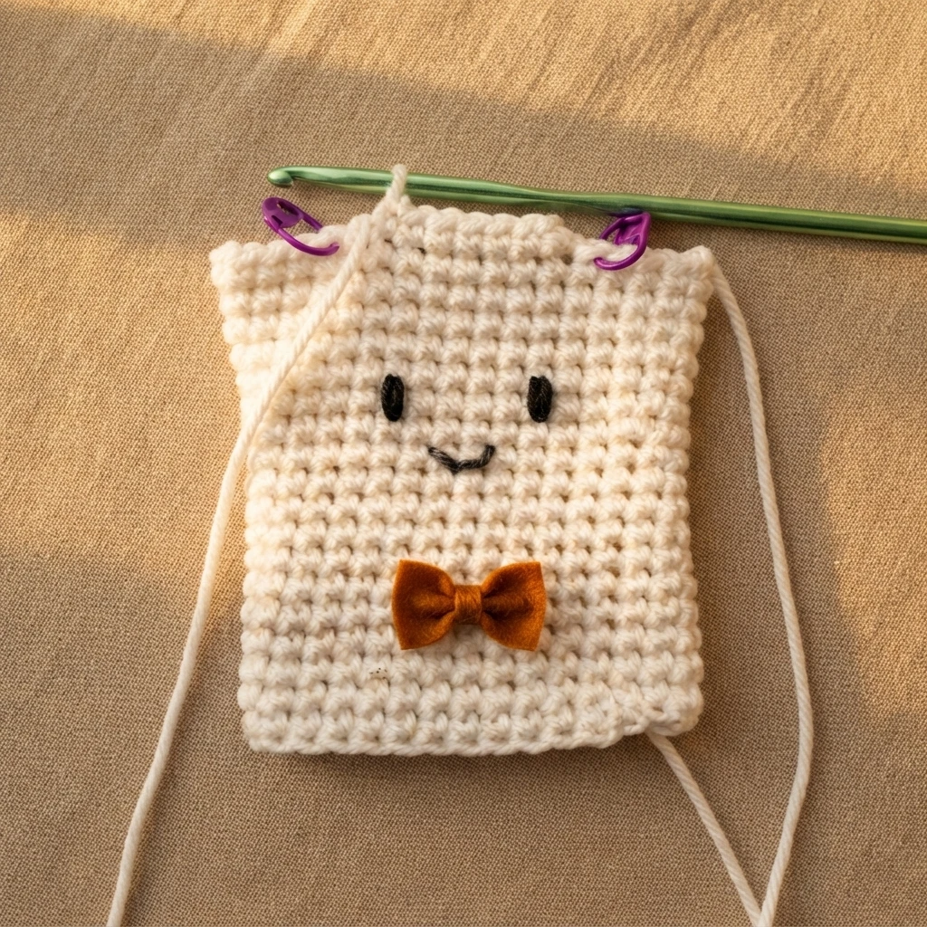 White crocheted puppet body in progress on a beige woven background, with a green crochet hook resting at the top, two purple stitch markers, loose white yarn tails, embroidered black eyes and a small smile, and a rust-colored bow on the fr