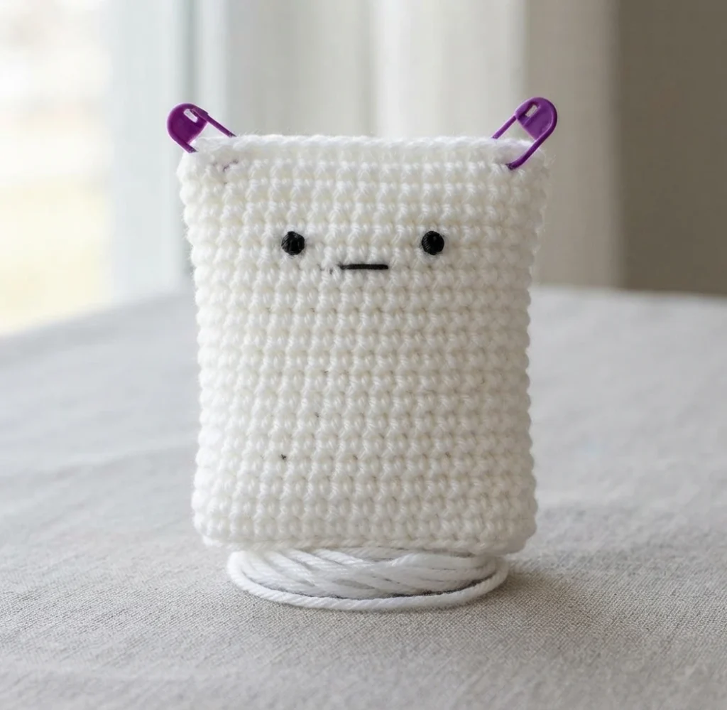 White crocheted ghost body in progress standing upright on a ball of white yarn, with two purple stitch markers at the top corners and small black eyes and a short black mouth stitched on the front