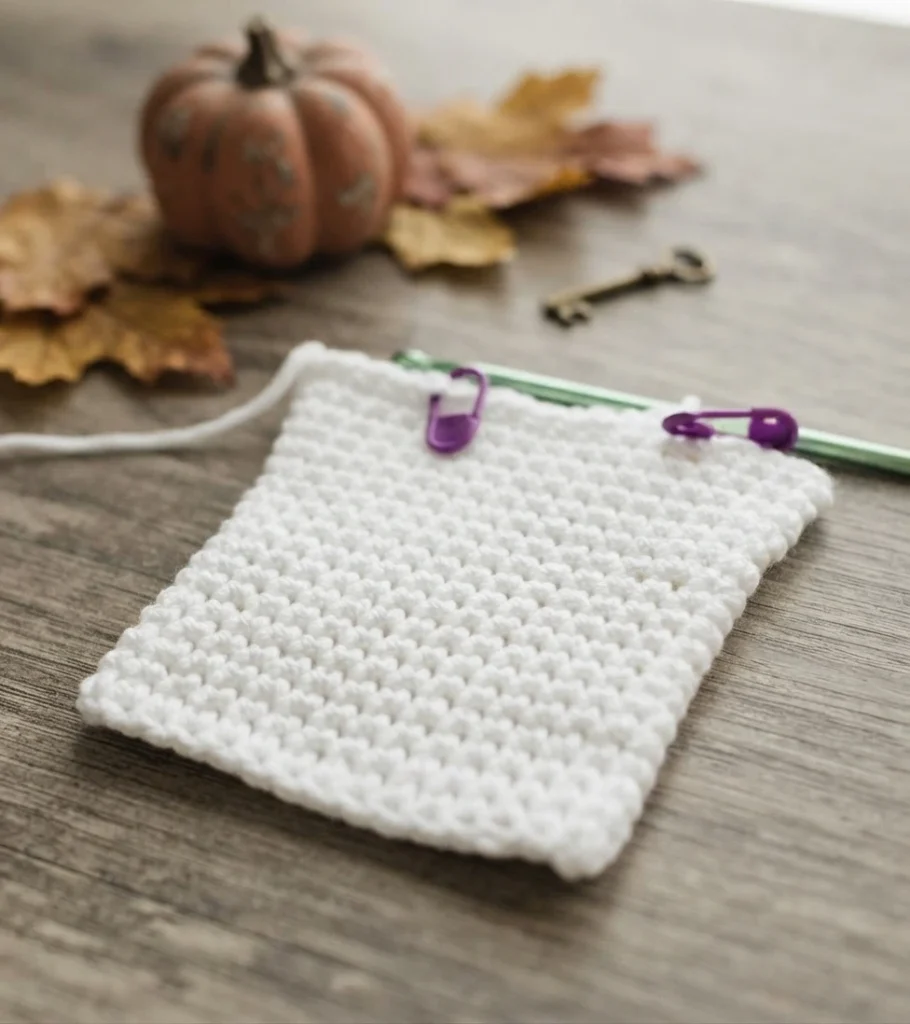 White crochet swatch in progress on a wooden table, held with two purple stitch markers on a green crochet hook, with a small pumpkin, dried leaves and an old key blurred in the background.