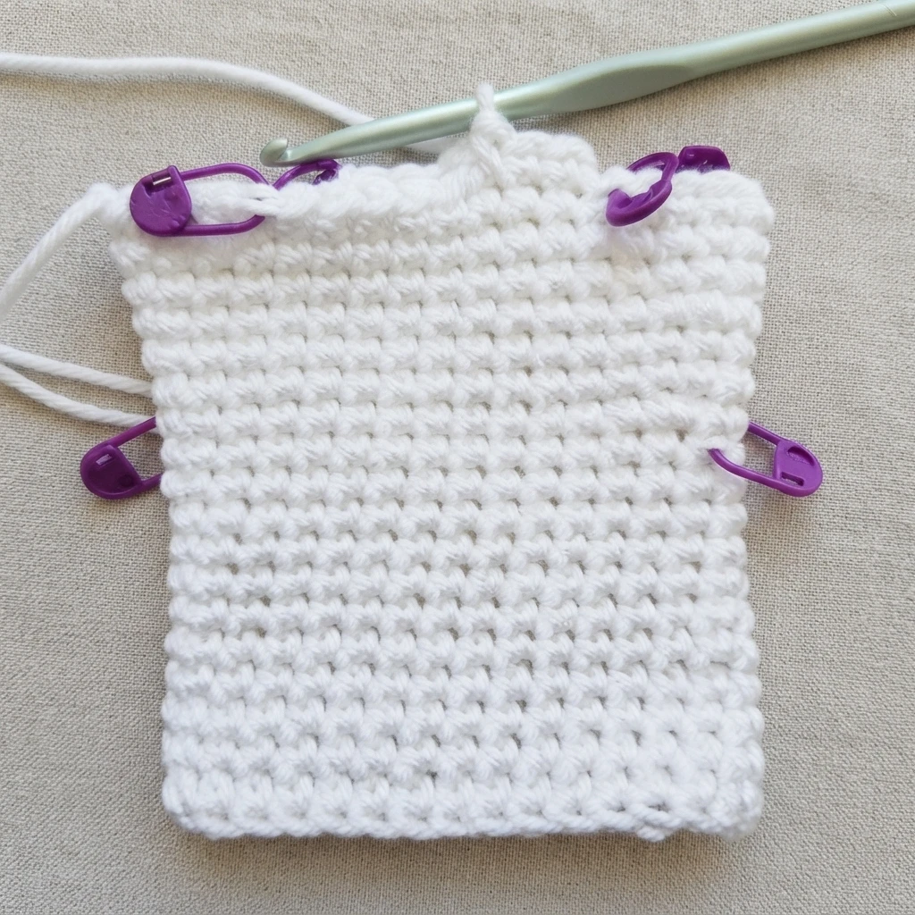 White crochet square swatch in progress with a green crochet hook and purple stitch markers on a tan woven background.