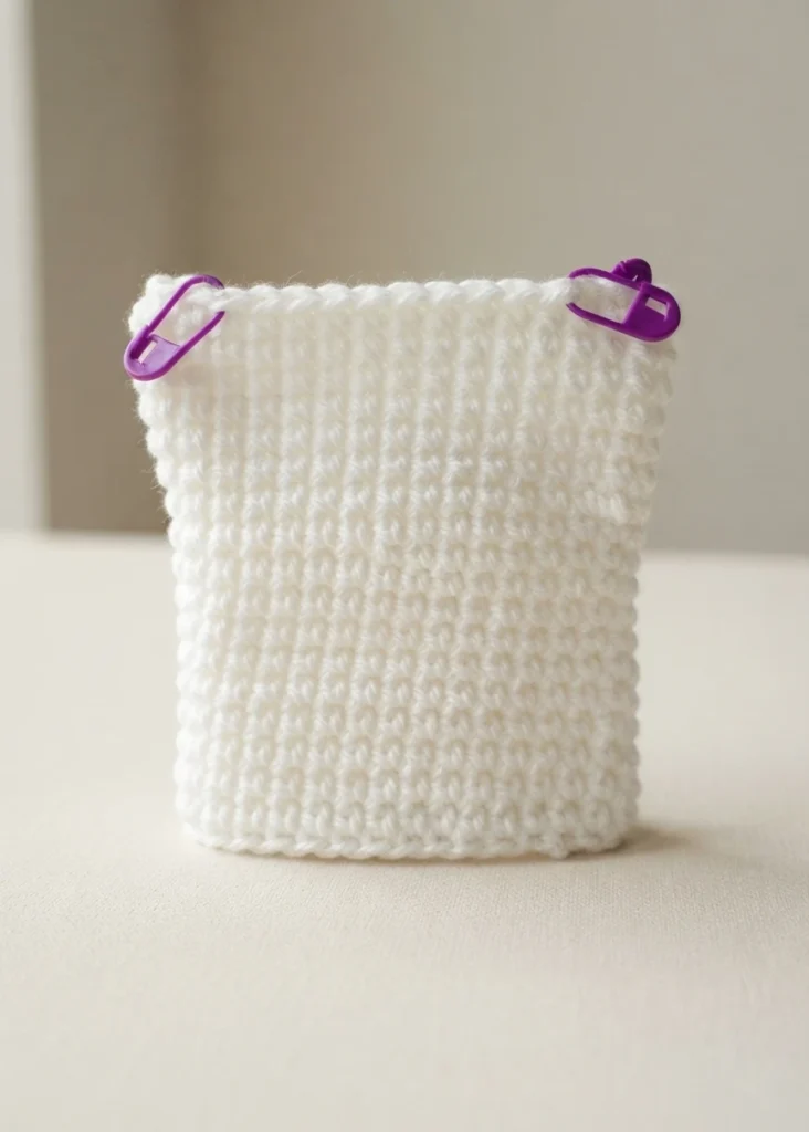 White crocheted tube in progress with two purple stitch markers clipped to the top edge, resting upright on a plain beige surface.
