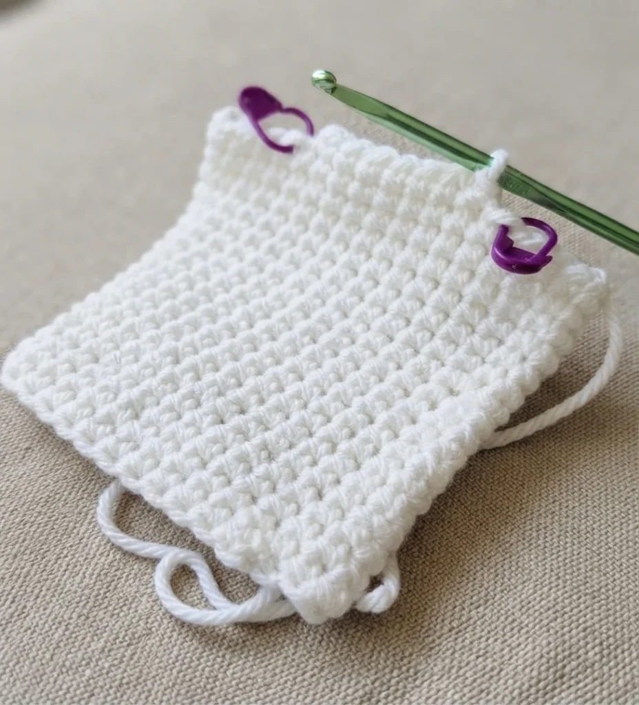 White crocheted square in progress resting on a beige woven surface, with a green crochet hook laid across the top edge, two purple stitch markers clipped to the corners and loose white yarn tails.
