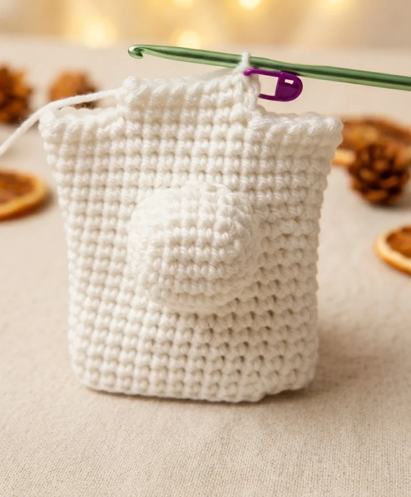 White crocheted ghost puppet body in progress, held on a green crochet hook with a purple stitch marker at the top edge, a small thumb opening worked into the side, resting on a pale surface with pinecones and dried orange slices blurred be