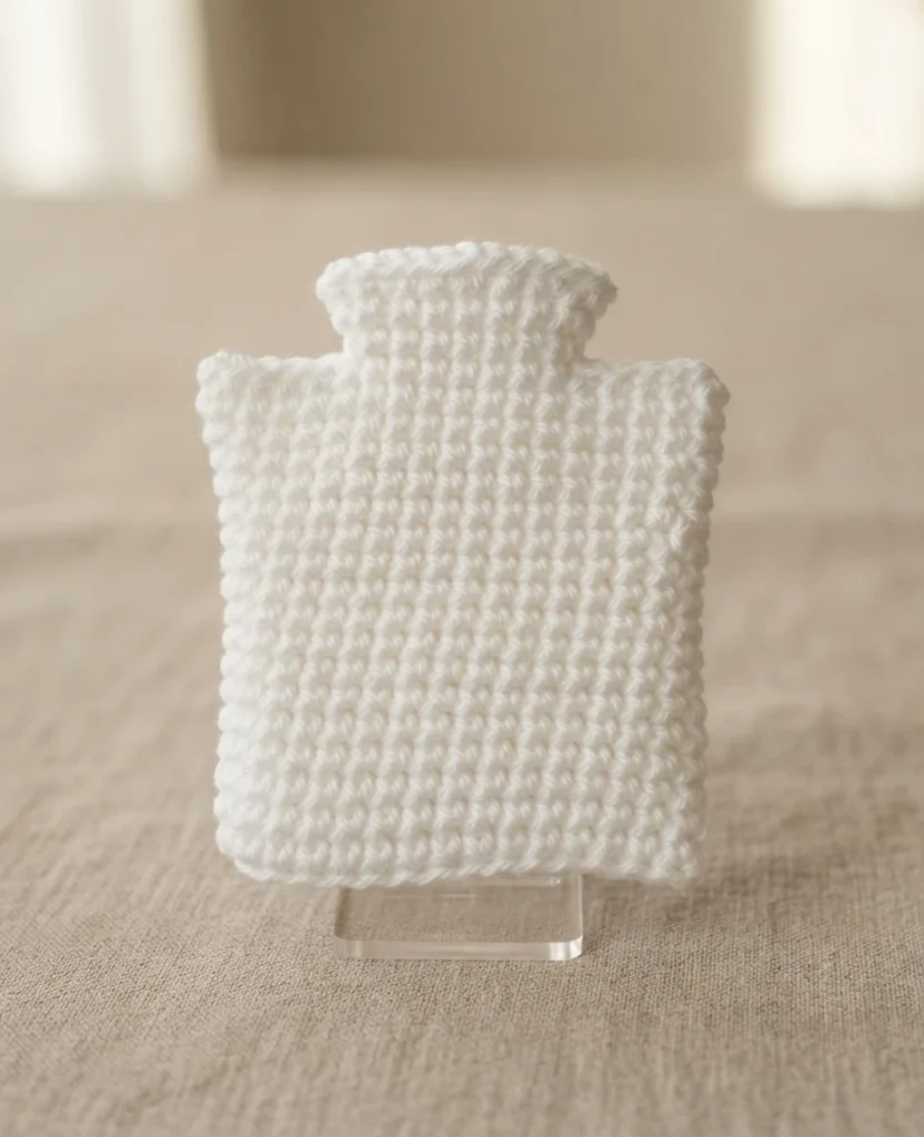 White crocheted rectangular piece with a narrow top section, displayed upright on a clear acrylic stand against a soft beige background