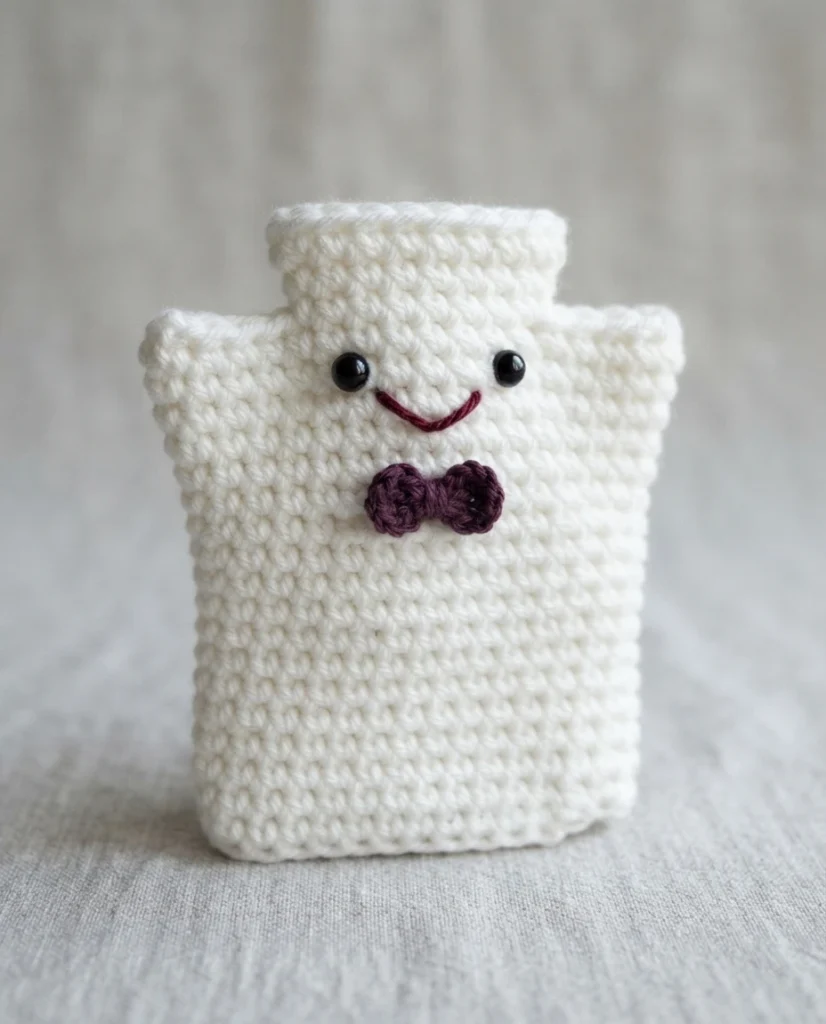 White crocheted hand puppet with two black bead eyes, a stitched smile and a small purple bow tie, standing upright on a light textured fabric background.